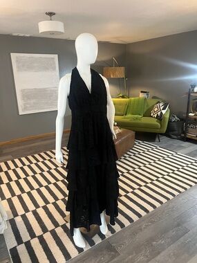 Chelsea28 Black Halter Tiered Lace Maxi Gown
